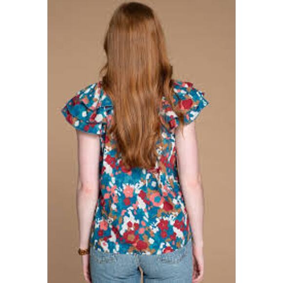 Olivia James The Label Astrid Short Sleeve Ruffle Shoulder Top Abstract Floral M - Picture 2 of 6